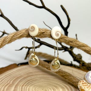 May include: Seashell earrings. Each earring has a cream-coloured spiral shell stud, connected by a gold-coloured hoop to a teardrop-shaped shell pendant with a gold seashell design. The earrings are displayed on a wooden surface.