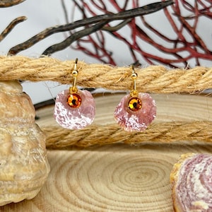 Boho Pink Iridescent Shell Earrings with Orange Gemstone – Gold Dangle, Ocean Inspired Handmade Jewelry