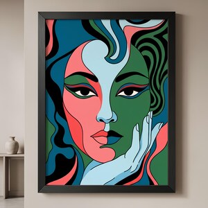 Split Face Woman Art Print | Bold Teal Pink Green Psychedelic Portrait (Digital Download)