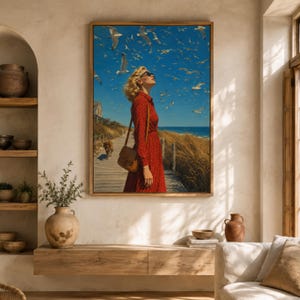 Stampa di donna gabbiani sul lungomare, quadro da parete con abito da spiaggia vintage (download digitale)