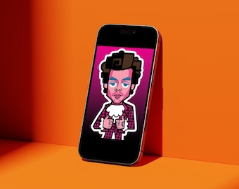 Fondo de pantalla de dibujos animados de Harry Styles para móvil, fondo rosa estilo pop art (descarga digital)