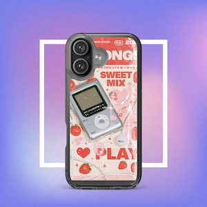 May include: A clear smartphone case featuring a graphic design with a silver digital music player, white wired earbuds, red strawberries, and hearts. The background includes text that reads SONGS, SWEET MIX, and PLAY in a bold red font style.