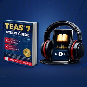 Peut inclure: Un guide d'étude intitulé "TEAS 7 STUDY GUIDE" avec le texte "1000 Questions and Answers" et "Digital Bonuses Inside". À côté, un smartphone affiche une icône de livre et des commandes audio, avec un casque noir.