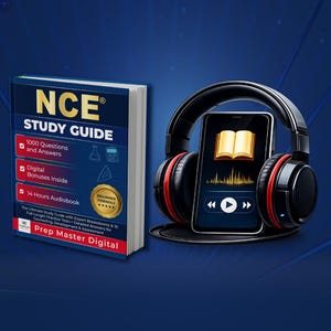 以下が含まれることがあります： 学習ガイドブックとヘッドフォン付きスマートフォンの画像。書籍は「NCE Study Guide」と題され、1000の質問と回答、デジタルボーナス、14時間のオーディオブックなどの機能が記載されています。スマートフォンには本のアイコンとオーディオコントロールが表示されています。