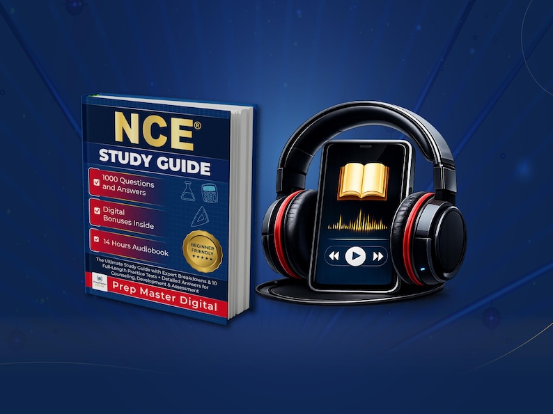 Pode incluir: Imagem de um guia de estudo e um smartphone com fones de ouvido. O livro &eacute; intitulado "NCE Study Guide" e lista 1000 perguntas e respostas, b&ocirc;nus digitais e 14 horas de audiolivro. O smartphone exibe um &iacute;cone de livro e controles de &aacute;udio.