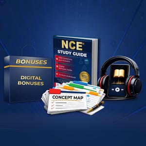 May include: An image featuring study materials, including a "NCE Study Guide" book, a box labeled "BONUSES," and a smartphone with headphones. A stack of "CONCEPT MAP" cards and a pen are also present, all set against a dark blue background.