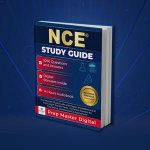 以下が含まれることがあります： 「NCE Study Guide」というタイトルの学習ガイド。テキストには「1000 Questions and Answers」、「Digital Bonuses Inside」、「14 Hours Audiobook」と書かれています。本は青い表紙に金色の文字と「Beginner Friendly」と書かれた金色のシールが付いています。
