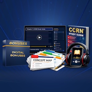 Könnte beinhalten: Ein digitales Lernset mit einem Laptop, der ein CCRN-Lernvideoprogramm anzeigt, einem CCRN-Lernbuch, einem Stapel Konzeptkarten, einem Stift, einem Smartphone mit Hörbuchoberfläche und Kopfhörern, alles mit dem Text BONUSES versehen.