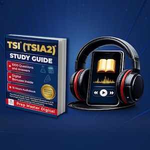 May include: A TSI (TSIA2) Study Guide book with a blue cover featuring text about 1000 questions, digital bonuses, and a 15-hour audiobook, paired with black over-ear headphones resting on a smartphone displaying an open book icon and audio waveform.