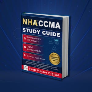 Pode incluir: Um livro de estudo azul NHA CCMA com texto branco. A capa apresenta o título, 1000 perguntas e respostas, bônus digitais e um audiolivro de 15 horas. Um selo dourado diz Beginner Friendly. A parte inferior inclui o texto Prep Master Digital.