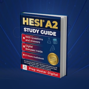 May include: A HESI A2 Study Guide book with the text "1000 Questions and Answers", "Digital Bonuses Inside", and "31 Hours Audiobook". The book has a blue cover with white text and a gold seal that says "Beginner Friendly".