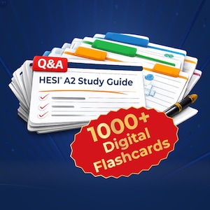May include: A pile of study guides with coloured tabs, labelled "HESI A2 Study Guide" and "Q&A". A red oval sticker displays "1000+ Digital Flashcards". A black and gold pen rests on the guides. The background is a dark blue gradient.