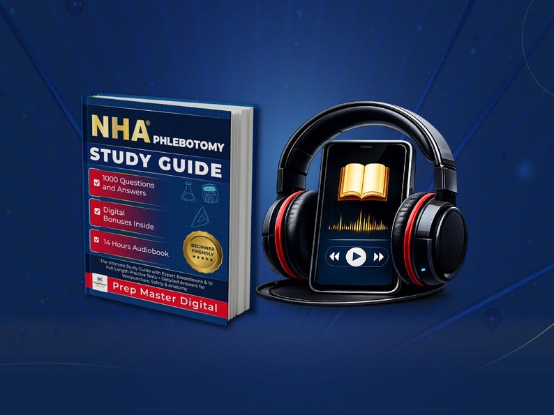 K&ouml;nnte beinhalten: Ein blaues NHA Phlebotomy Studienhandbuch mit 1000 Fragen und Antworten, digitalen Boni und einem 14-st&uuml;ndigen H&ouml;rbuch. Daneben zeigt ein Smartphone ein Symbol f&uuml;r ein offenes Buch und eine Schallwelle, umrahmt von schwarzen und roten Kopfh&ouml;rern.