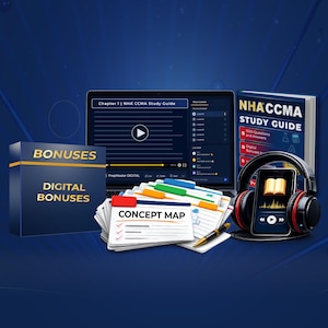 Pode incluir: Um kit de estudo digital com um laptop exibindo um reprodutor de vídeo, um guia de estudo NHA CCMA, uma caixa com o rótulo BONUSES DIGITAL BONUSES, um conjunto de cartões de mapas conceituais, uma caneta, um smartphone e fones de ouvido.