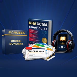Könnte beinhalten: Ein NHA CCMA Studienbuch, eine Box mit der Aufschrift BONUSES DIGITAL BONUSES, ein Stapel Karteikarten mit einem Reiter namens CONCEPT MAP, ein schwarzer Stift und ein Smartphone mit Kopfhörern, das ein offenes Buch zeigt.