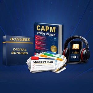 May include: An image featuring study materials for the CAPM exam. It includes a study guide, digital bonuses, concept maps, a smartphone with headphones, and a box labeled "BONUSES". The study guide has the text "CAPM STUDY GUIDE".