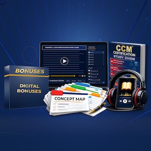 Pode incluir: Um pacote de estudo digital com um computador portátil exibindo um curso em vídeo, um livro CCM Certification Study Guide, um smartphone com auscultadores, uma pilha de cartões de mapas conceptuais, uma caneta e uma caixa com as etiquetas Bonuses e Digital Bonuses.