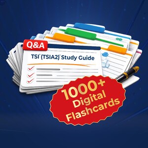 May include: A stack of white index cards with colorful tabs, labeled Q&A and TSI (TSIA2) Study Guide, accompanied by a black pen. A prominent red, starburst-shaped graphic overlay displays the text 1000+ Digital Flashcards in bold yellow.