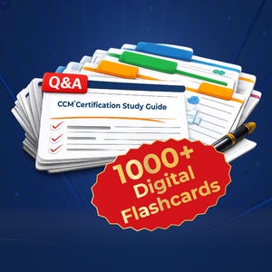 Könnte beinhalten: Ein Stapel weißer Karteikarten mit bunten Reitern, beschriftet mit Q&A und CCM Certification Study Guide, dazu ein schwarzer Stift. Eine rote sternförmige Grafik im Vordergrund zeigt den Text 1000+ Digital Flashcards in gelber Schrift.