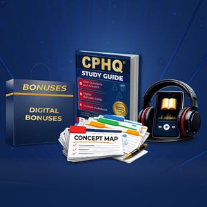 May include: A CPHQ study guide book with a blue cover, a box labeled Digital Bonuses, a stack of index cards with a Concept Map label, a black smartphone displaying an open book icon, black headphones, and a gold-accented pen on a blue background.