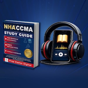 Pode incluir: Um livro de estudo NHA CCMA azul com 1000 perguntas e respostas, bônus digitais e um audiolivro de 15 horas. Ao lado, um smartphone exibindo um ícone de livro aberto e uma onda sonora, acompanhado por fones de ouvido pretos e vermelhos.