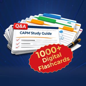 May include: A stack of study guides with colorful tabs, a pen, and a red oval sticker that reads "1000+ Digital Flashcards." The top guide says "CAPM Study Guide" with a "Q&A" label.