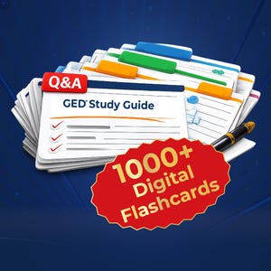 Könnte beinhalten: Ein Stapel Lernführer und Karteikarten für die GED-Prüfung. Der obere Führer trägt die Aufschrift "GED Study Guide" mit einem "Q&A"-Label. Ein roter ovaler Aufkleber zeigt "1000+ Digital Flashcards". Ein schwarzer und goldener Stift liegt auf den Führern.