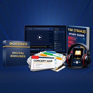 May include: A TSI (TSIA2) study guide bundle featuring a laptop displaying a video course, a printed textbook, a stack of concept map cards, a pen, a smartphone with an audio player interface, and a box labeled BONUSES DIGITAL BONUSES.