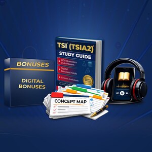 May include: A TSI (TSIA2) study guide book, a box labeled BONUSES DIGITAL BONUSES, a stack of index cards with a CONCEPT MAP label, a black and red pair of headphones, a smartphone displaying an open book icon, and a gold and black pen.