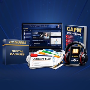 May include: A laptop displaying a study guide, a physical study guide, a smartphone with headphones, and a box labeled "BONUSES". Also included are concept maps and a pen, all on a blue background.