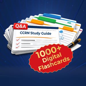 May include: A stack of white index cards with colourful tabs, labelled Q&A and CCRN Study Guide, accompanied by a black pen. A red starburst graphic in the foreground displays the white text 1000+ Digital Flashcards against a dark blue background.