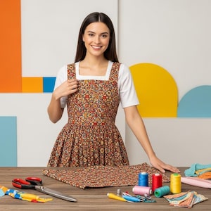 May include: A woman wearing a floral print dress with a square neckline and wide straps. The dress is brown with red, yellow, and white floral patterns. Sewing supplies, including thread spools, scissors, and fabric, are on a wooden table.