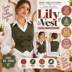 Puede incluir: Un patrón de costura digital para un chaleco cruzado de color verde oliva con botones negros. La imagen muestra el texto SEW THE PATTERN, Lily Vest, DIGITAL SEWING PATTERN, SIZES XS - XXXL, e incluye iconos para archivos A0 y A4, descarga instantánea e instrucciones.