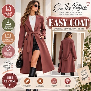 May include: A digital sewing pattern for an easy coat, featuring text including Sew The Pattern, Easy Coat, and sizes XS to XXXL. The image displays a long, dusty rose coat with a tie belt, lapels, and buttons, shown from both front and back views.