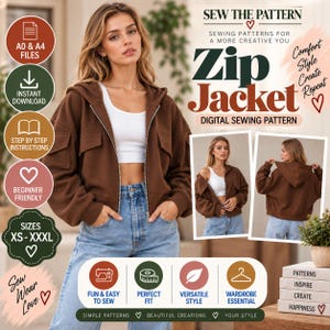 Puede incluir: Un patrón de costura digital para una chaqueta marrón con cremallera, capucha y dos bolsillos en el pecho. El gráfico incluye texto como SEW THE PATTERN, Zip Jacket y DIGITAL SEWING PATTERN, junto con iconos para archivos A0 y A4, descarga instantánea e instrucciones paso a paso.