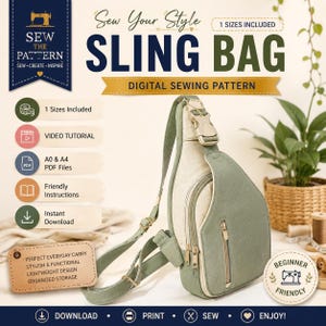 以下が含まれることがあります： スリングバッグのデジタル縫製パターン。Sew Your Style, Sling Bag, Digital Sewing Pattern, 1 Sizes Included, Video Tutorial, A0 & A4 PDF Files, Friendly Instructions, Instant Download, Beginner Friendlyというテキストが含まれています。