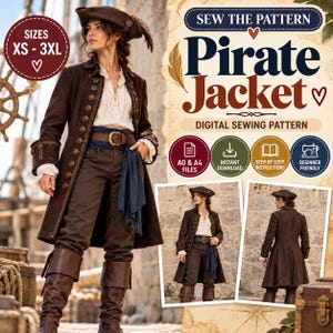Könnte beinhalten: Ein digitales Schnittmuster für eine Piratenjacke mit dem Text 'SEW THE PATTERN Pirate Jacket DIGITAL SEWING PATTERN'. Das Bild zeigt einen langen braunen Mantel, ein weißes Hemd, eine dunkle Hose und einen Dreispitz in den Größen XS-3XL.