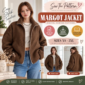 May include: A brown textured fleece jacket with a high collar and silver zipper, presented as a digital sewing pattern titled Margot Jacket. Includes text for instant download, A0 and A4 files, step-by-step instructions, and sizes XS-3XL.