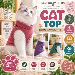 Pode incluir: Um molde de costura digital para uma blusa de gato, com um gato fofo vestindo um colete de lã rosa com um anel em D. O gráfico inclui o texto: SEW THE PATTERN, CAT TOP, DIGITAL SEWING PATTERN, SIZES XS-L, e ícones para arquivos A0 e A4, download instantâneo e instruções.