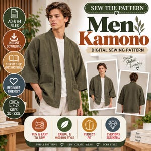 May include: A digital sewing pattern for a men's kamono jacket, featuring text including 'SEW THE PATTERN', 'Men Kamono', 'DIGITAL SEWING PATTERN', 'Simple Stylish Timeless', 'FUN & EASY TO SEW', 'CASUAL & MODERN STYLE', 'PERFECT FIT', and 'EVERYDAY ESSENTIAL'.