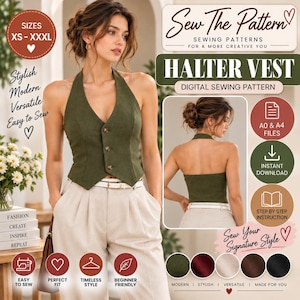 以下が含まれることがあります： Sew The Pattern、Halter Vest、Digital Sewing Patternというテキストが記載されたホルターベストのデジタル型紙。画像には、3つのボタンが付いたノースリーブのオリーブグリーンのベストと、明るい色のズボンが写っています。
