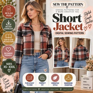 Puede incluir: Un patrón de costura digital para una chaqueta corta con diseño de cuadros en tonos óxido, negro y blanco. El patrón incluye archivos A0 y A4, instrucciones paso a paso y está disponible en tallas de la XS a la XXXL. Texto Sew The Pattern.