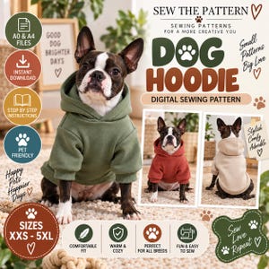 Könnte beinhalten: Ein digitales Schnittmuster für einen Hunde-Kapuzenpullover mit dem Text SEW THE PATTERN, DOG HOODIE und DIGITAL SEWING PATTERN. Das Bild zeigt eine Französische Bulldogge in einem olivgrünen Hoodie sowie kleine Fotos von Hunden in Rot und Beige.