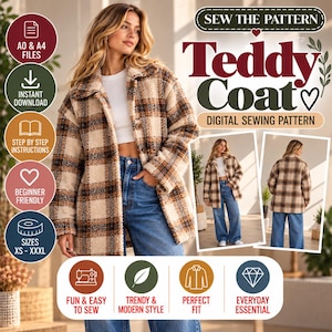 Puede incluir: Un patrón de costura digital para un abrigo de peluche con un estampado de cuadros en tonos beige, marrón y negro. La imagen muestra el texto SEW THE PATTERN, Teddy Coat y DIGITAL SEWING PATTERN, junto con iconos para archivos A0 y A4, descarga instantánea, instrucciones paso a paso, apto para principiantes y tallas XS-XXXL.