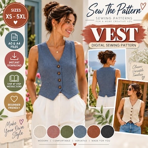 Puede incluir: Un patrón de costura digital para un chaleco sin mangas, con texto que incluye Sew The Pattern, VEST y tallas XS-5XL. La imagen muestra un chaleco azul con cuatro botones, cuello en V y dos bolsillos ribeteados, junto a fotos de vistas traseras y laterales.