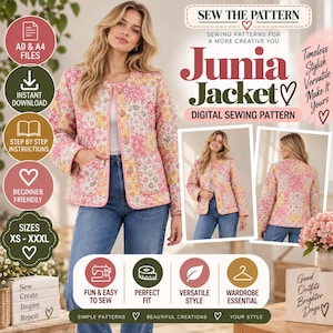 May include: A digital sewing pattern for the Junia Jacket, featuring a floral quilted jacket with long sleeves, a round neckline, and front pockets. The pattern includes A0 and A4 files, step-by-step instructions, and sizes XS to XXXL for a beginner-friendly project.