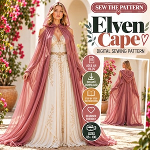 Puede incluir: Un patrón de costura digital para una capa élfica, con una capa con capucha de color rosa polvoriento con tela larga, fluida y transparente. El diseño incluye el texto SEW THE PATTERN ELVEN CAPE DIGITAL SEWING PATTERN, con iconos para archivos A0 y A4, descarga instantánea, instrucciones paso a paso, apto para principiantes y tallas XS-XXL.