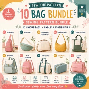 Op de afbeelding: Een digitaal naaipatroonpakket getiteld 10 Bag Bundle met tien verschillende tasontwerpen, waaronder een slingtas, heuptas, luiertas, halvemaanvormige tas, canvas tas, rugzak, minirugzak, reistas, cosmetische tas en een laptoptas.