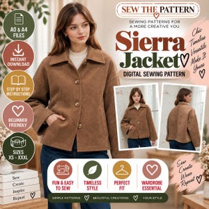 May include: A digital sewing pattern for the Sierra Jacket, featuring a brown button-up jacket with a collar and pockets. The graphic includes text such as SEW THE PATTERN, Sierra Jacket, and lists features like A0 and A4 files, instant download, and sizes XS to XXXL.