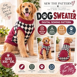 Peut inclure: Un patron de couture numérique pour pull de chien montrant un golden retriever portant un pull à carreaux noirs et blancs avec un col et un ourlet côtelés bordeaux. Le graphique inclut le texte : Sew The Pattern, Dog Sweater, et tailles XXS-5XL.
